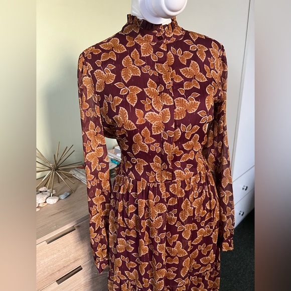 Maroon Orange Autumn Floral Chiffon Mockneck Midi Maxi Fit & Flare Modest Dress - Picture 13 of 17